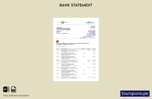 listo para imprimir plantilla de Word   extracto bancario de Citibank de India